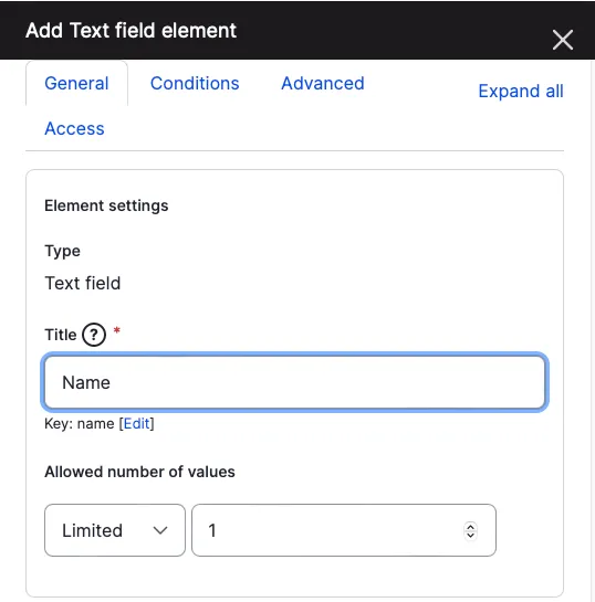 Figure 3. Element settings for “Name” field