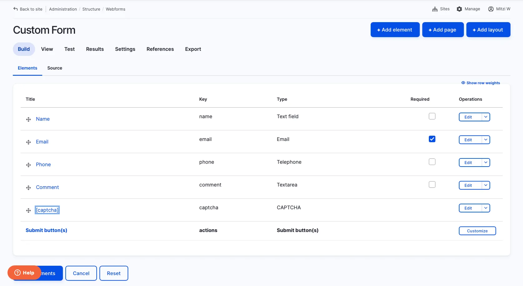 Figure 4. “Build” view tab of basic “Contact-Us” form