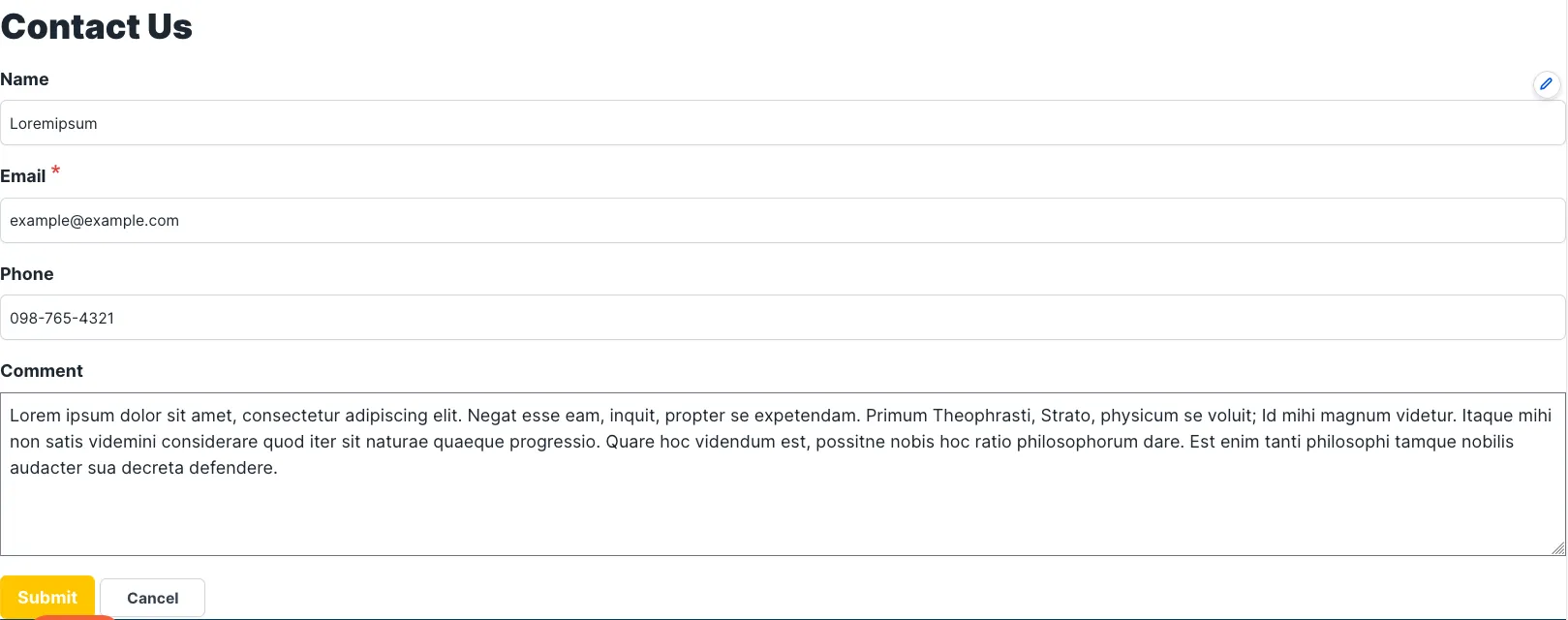 Figure 6. "Test" view of a basic "Contact-Us" form